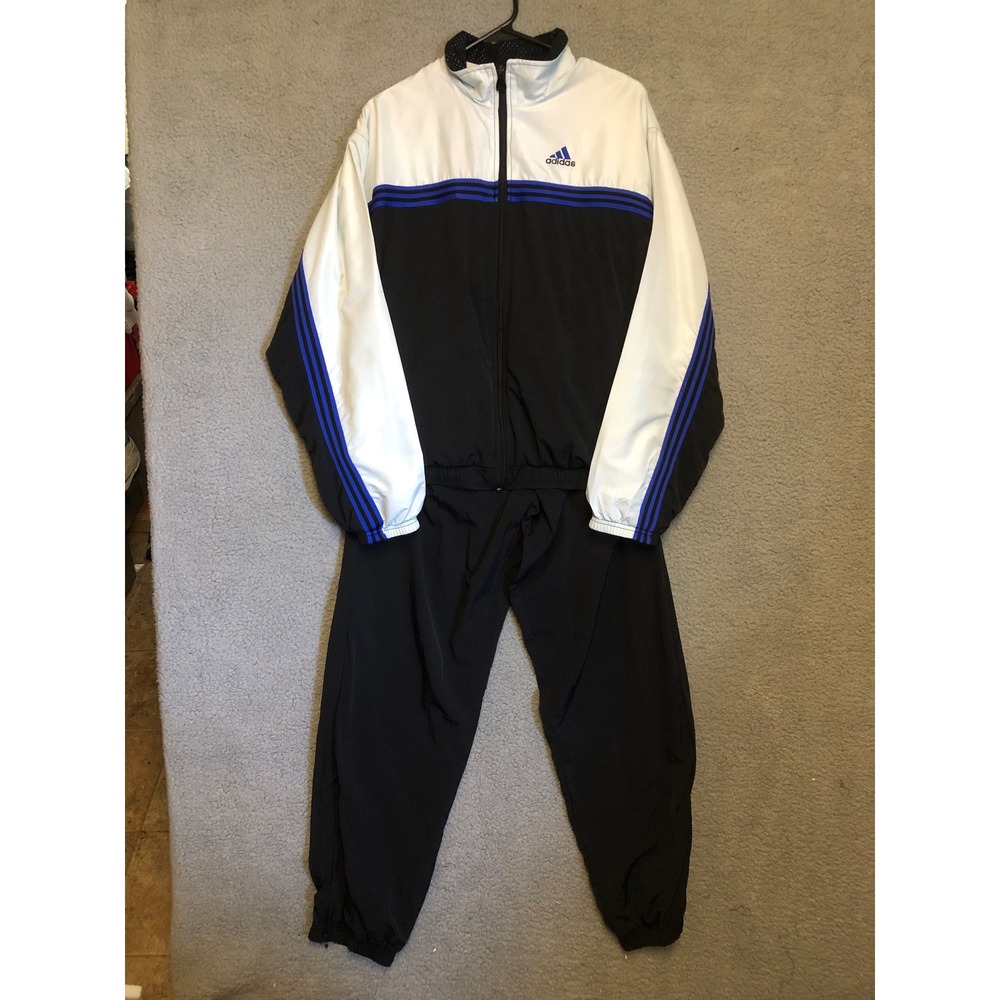 Vintage Adidas Track Suit Mens Large Black White Blue Stripe Windbreaker Set 90s